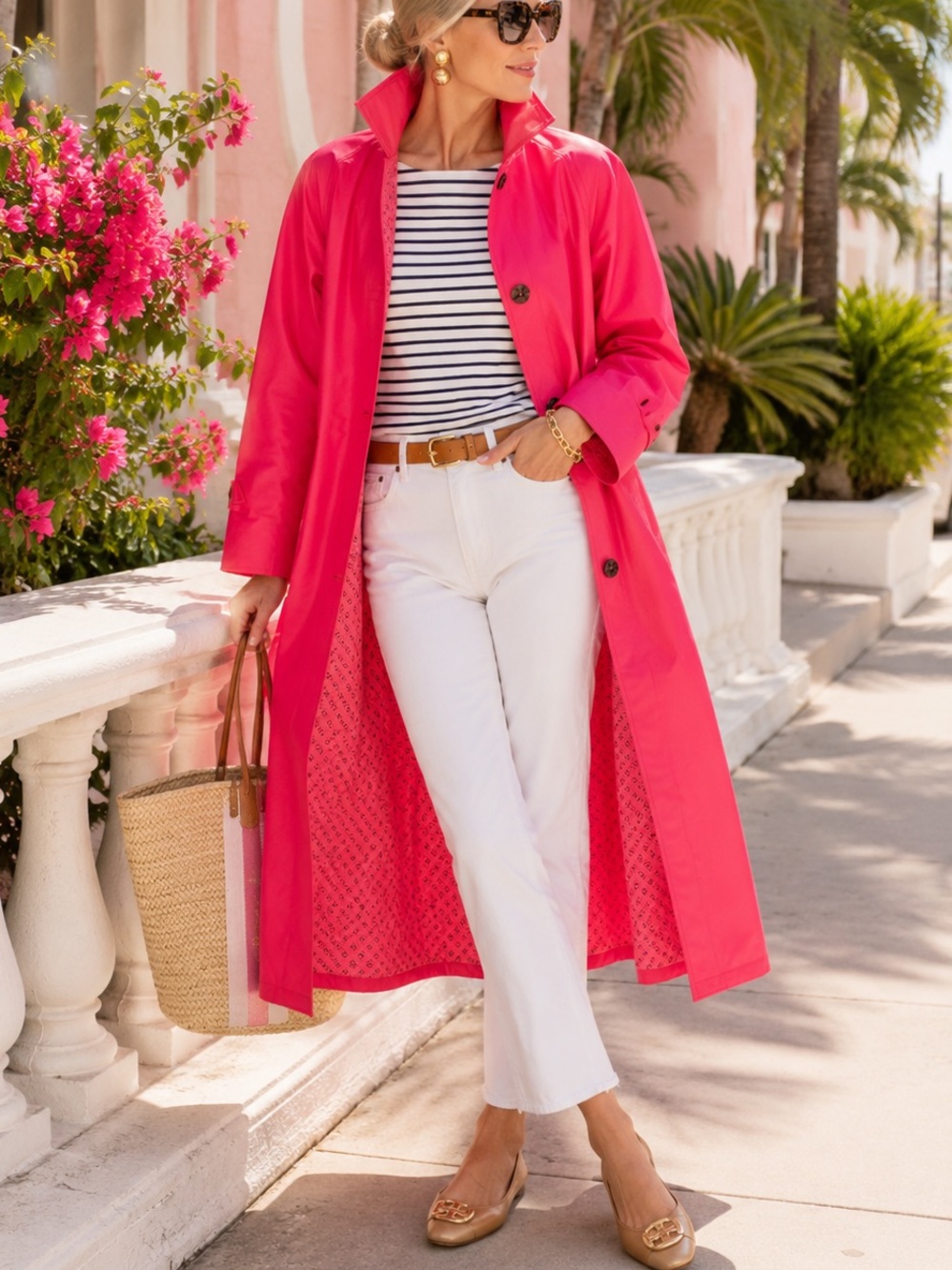 Vintage London Fog Hot Pink Trench Coat Floral Lining Preppy Palm Beach L XL